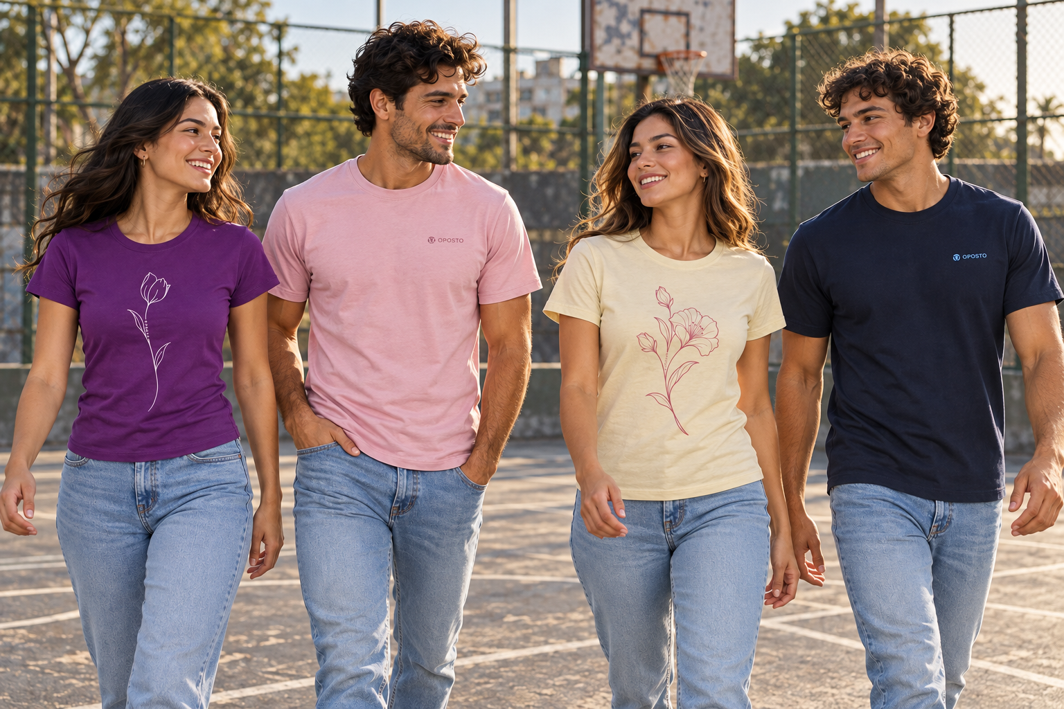 Cuatro modelos con poleras OPOSTO morada, rosada, angora y azul marino en una cancha urbana